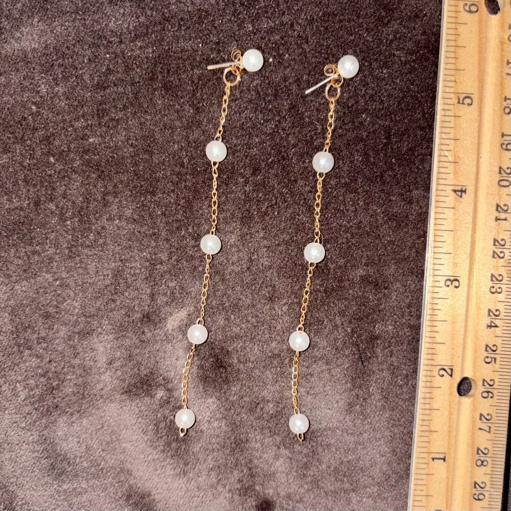 Faux pearl strand earrings, Long dangling